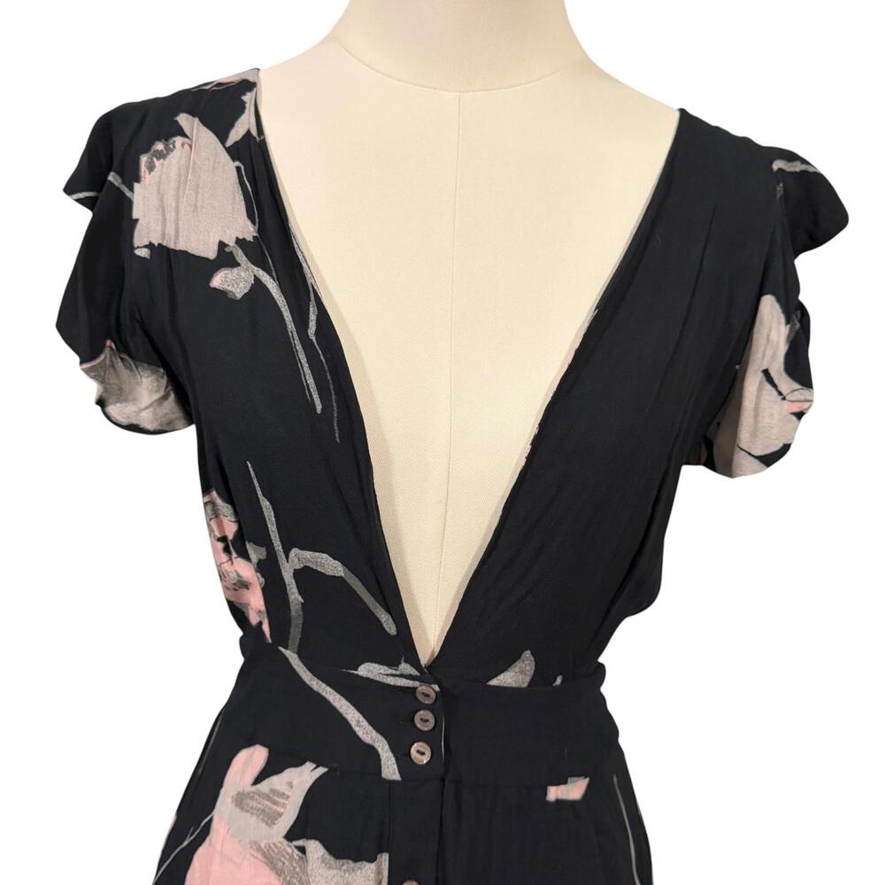 Maaji Floral V-Neck Backless Mini Dress Black Pink Ruffle Sleeve Size Medium - Picture 5 of 15